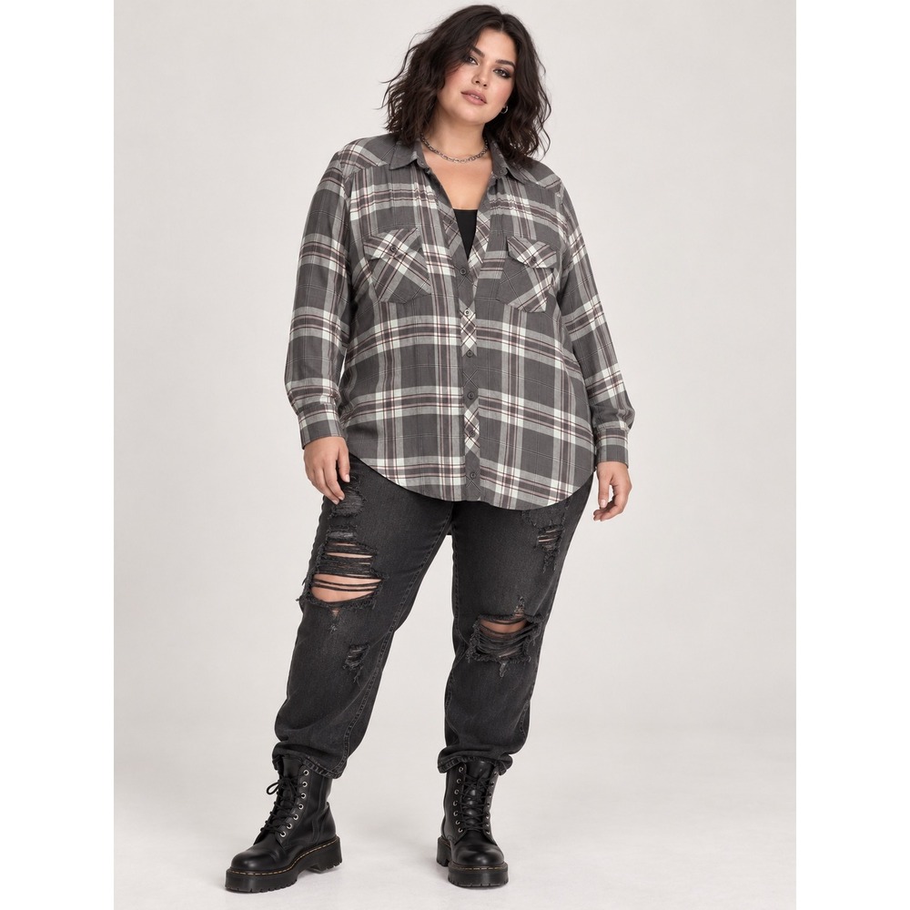 Torrid Taylor Slim Plaid Grey Rayon Twill Button Down Shirt Plus Size 5 5X NEW